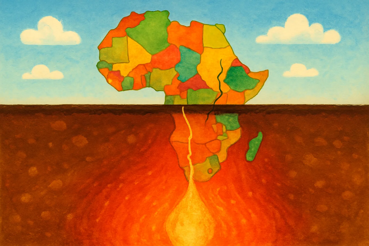 A cross-section of Africa showing a glowing mass of hot rock rising deep underground beneath a map of the continent