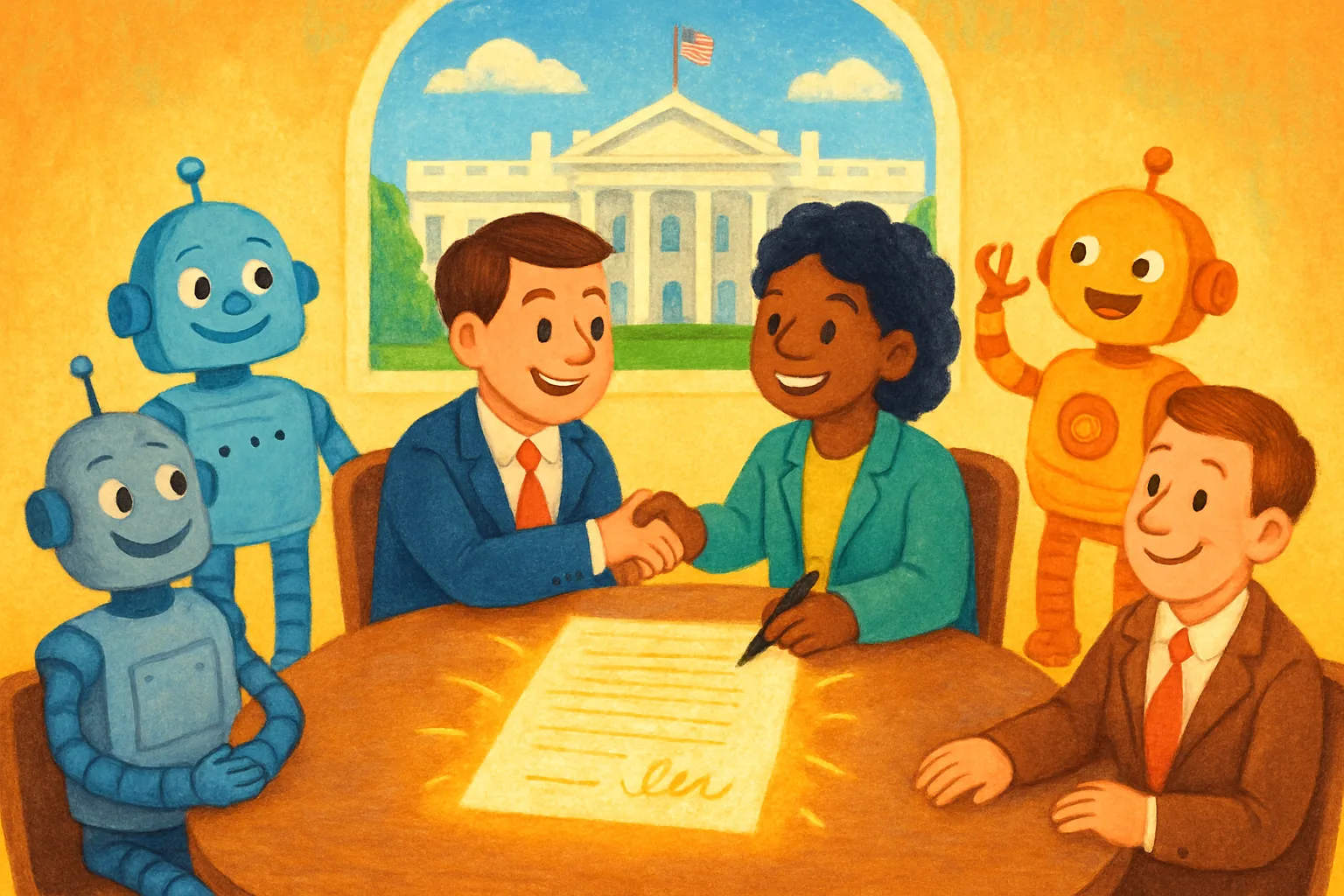 Cartoon illustration of tech leaders and a robot signing a safety agreement at the White House
