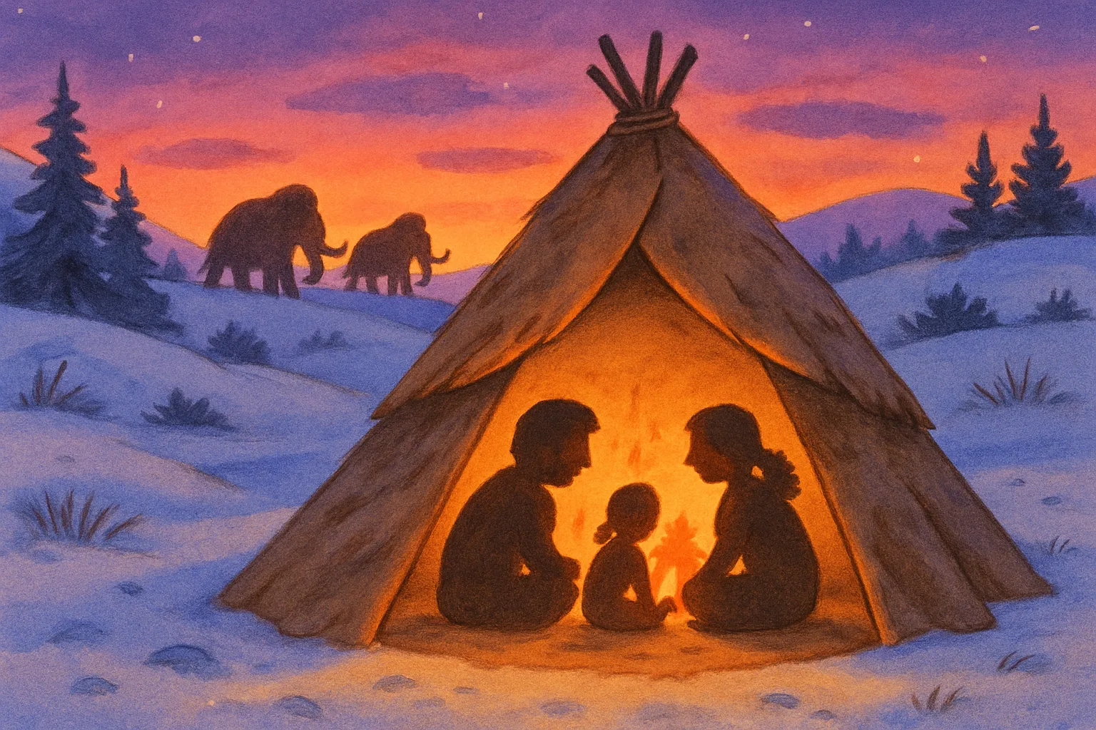 A children's book style illustration of an ancient Ice Age camp in Alaska with a small shelter, glowing fire, and snowy mountains in the background