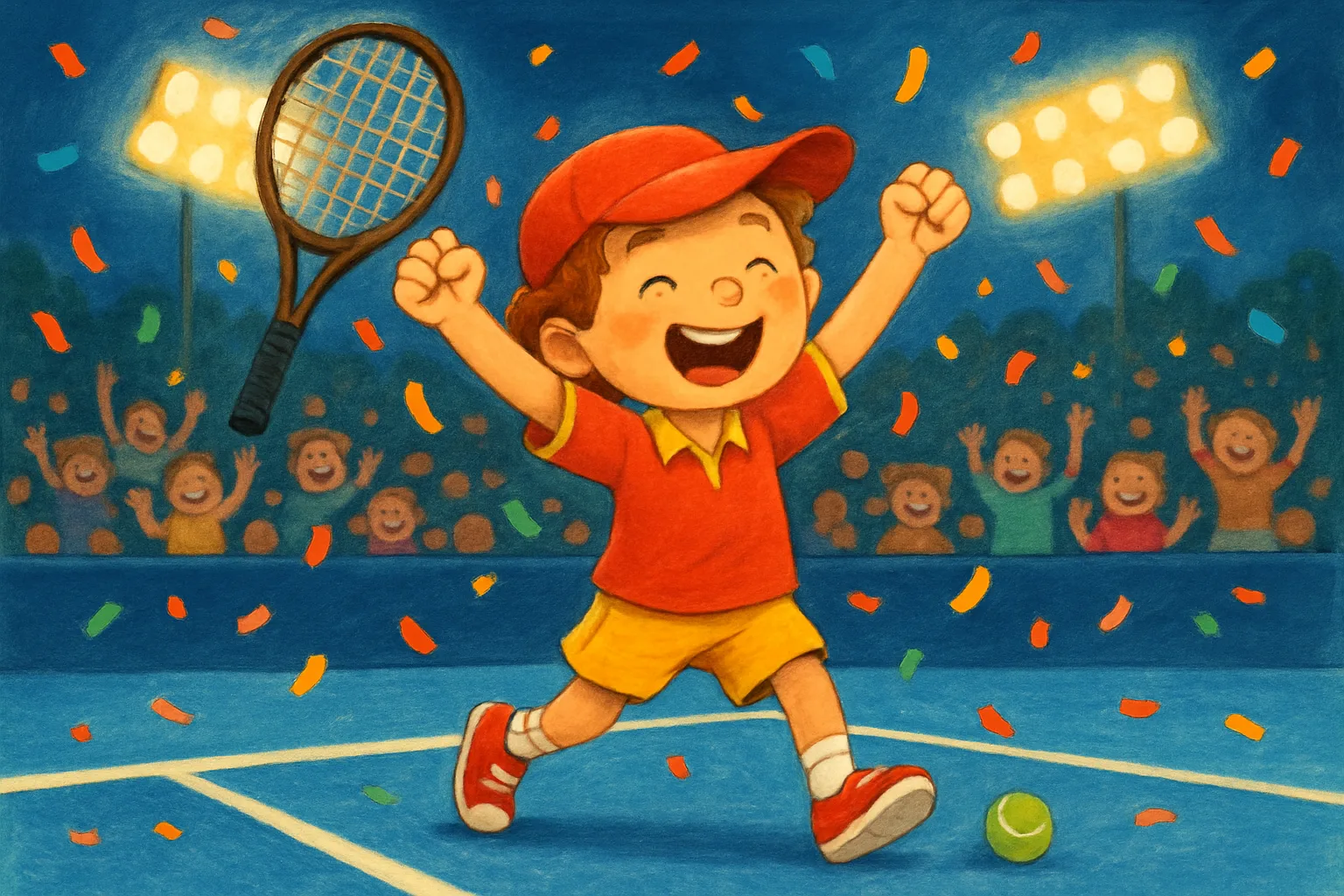 A joyful cartoon tennis player celebrating on a blue hard court with arms raised and crowd cheering
