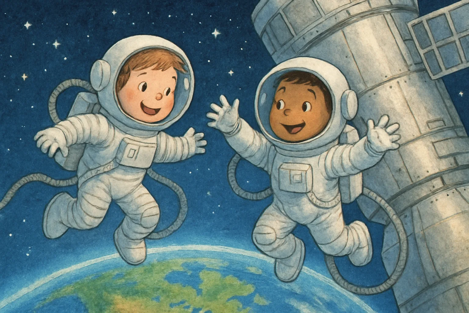 Two astronauts in spacesuits floating outside the International Space Station with Earth in the background