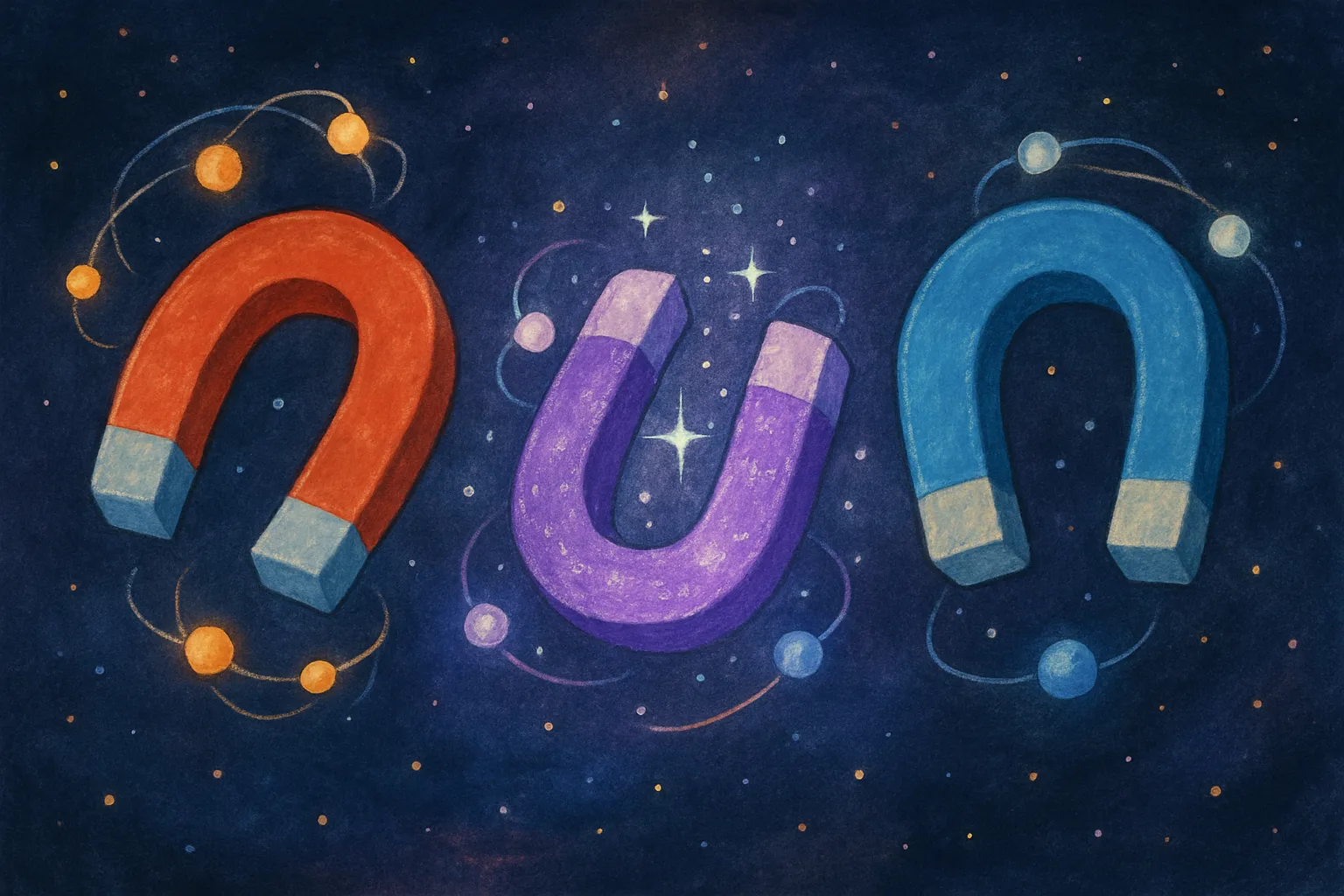 Three glowing magnets floating in space representing ferromagnetism, antiferromagnetism, and the newly discovered altermagnetism