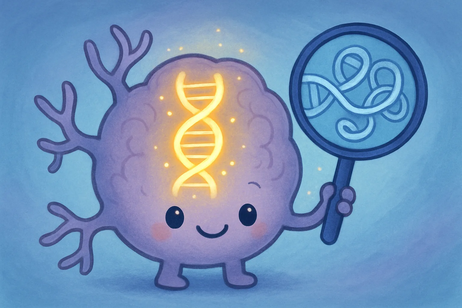 A glowing DNA helix inside a cartoon brain cell, viewed through a magnifying glass