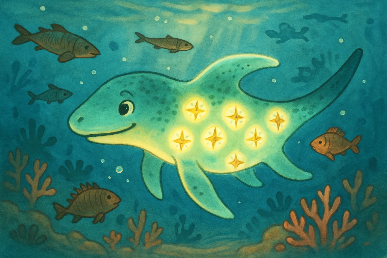 Illustration of an ancient ocean creature with a glowing internal magnetic navigation system swimming through a prehistoric sea