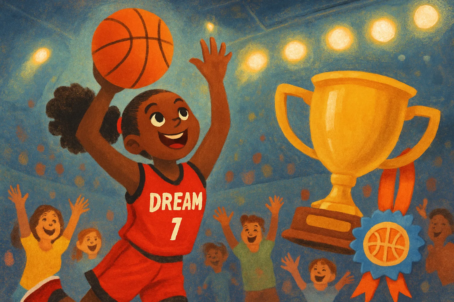 Illustration of a basketball player in Atlanta Dream uniform leaping for a rebound under arena lights with a record trophy nearby