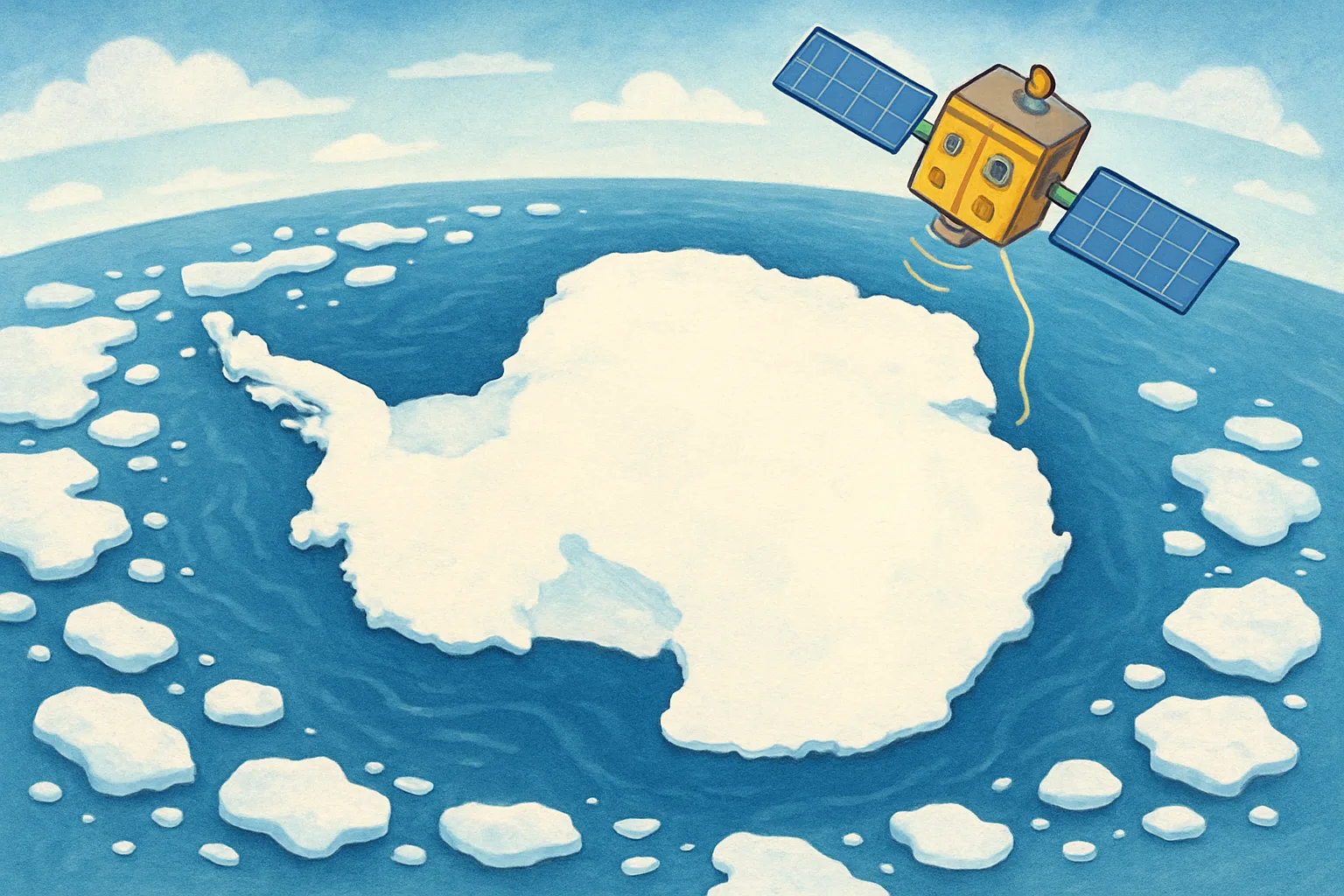 An illustrated aerial view of Antarctica surrounded by sea ice and open ocean with a satellite overhead
