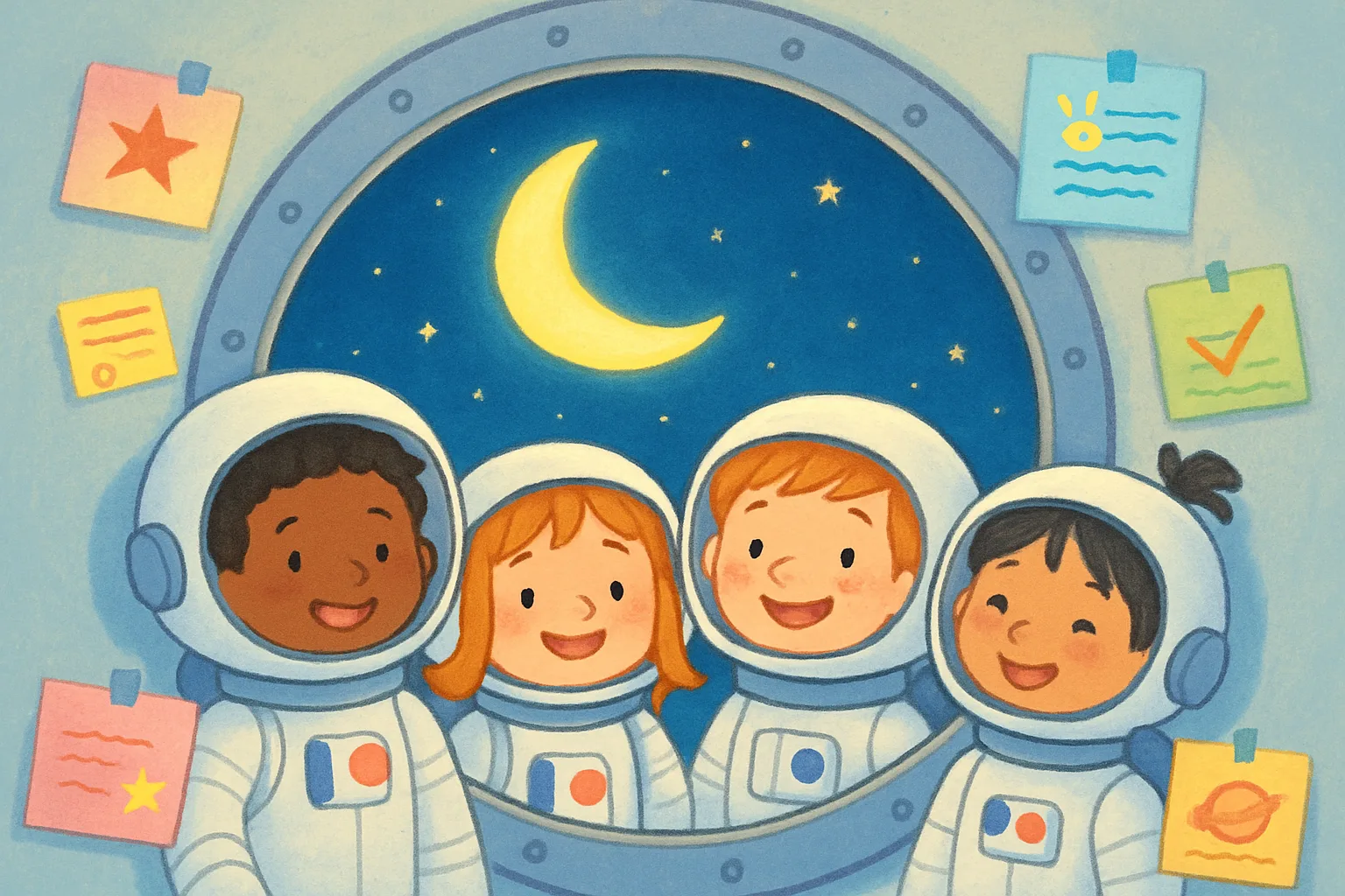 Four astronauts inside the Orion spacecraft looking at the Moon through a large window, with handwritten notes and drawings floating around them