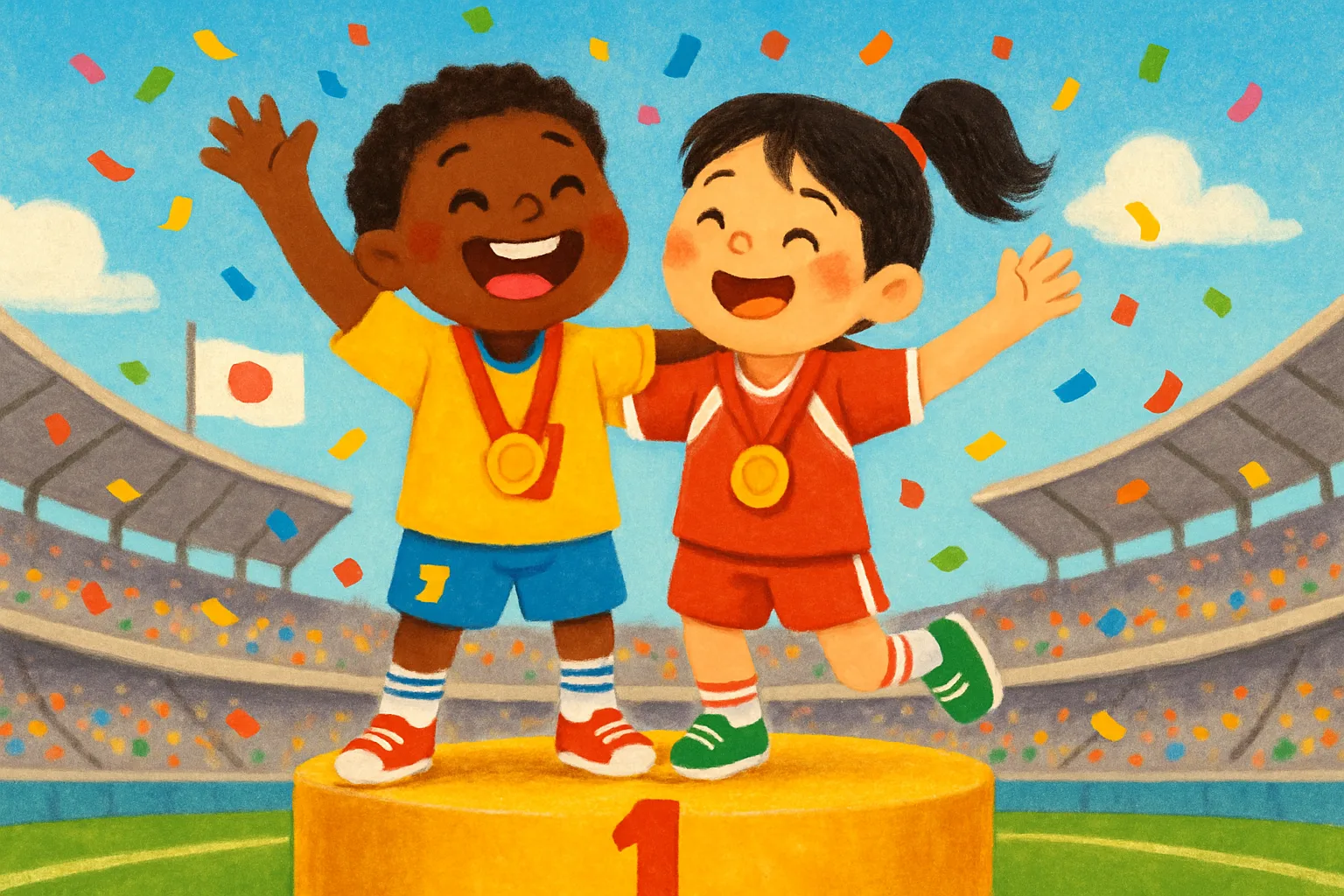 Two athletes celebrate on a gold medal podium at the 2026 Asian Games in Japan with confetti falling around them