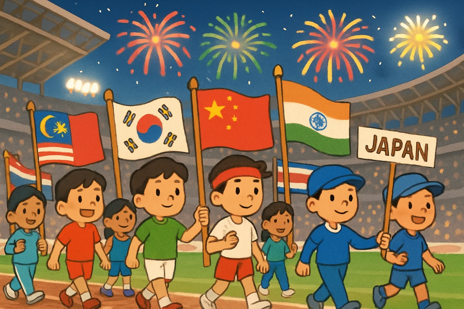 Illustration of athletes at the 2026 Asian Games opening ceremony in Nagoya, Japan