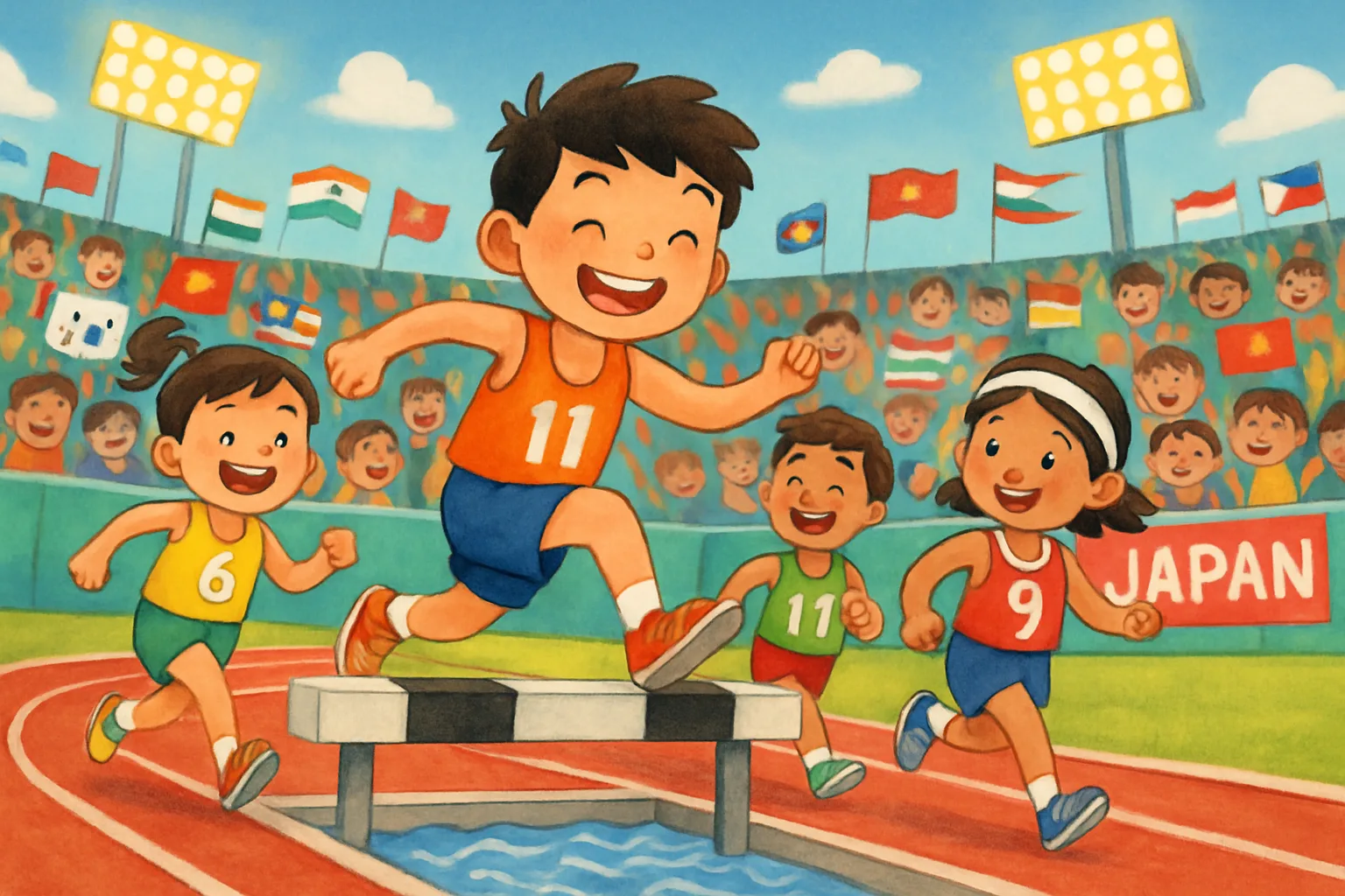 Athletes competing at the 2026 Asian Games athletics stadium in Nagoya, Japan