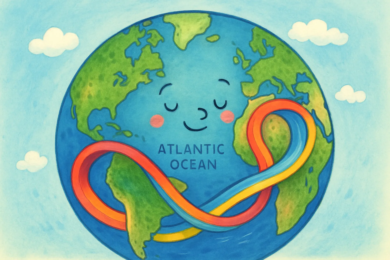 Illustration of the Atlantic Ocean with colorful swirling currents moving like a conveyor belt between the continents