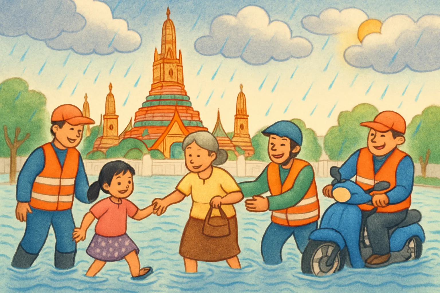 Friendly rescue workers helping residents across a flooded street in Bangkok, Thailand