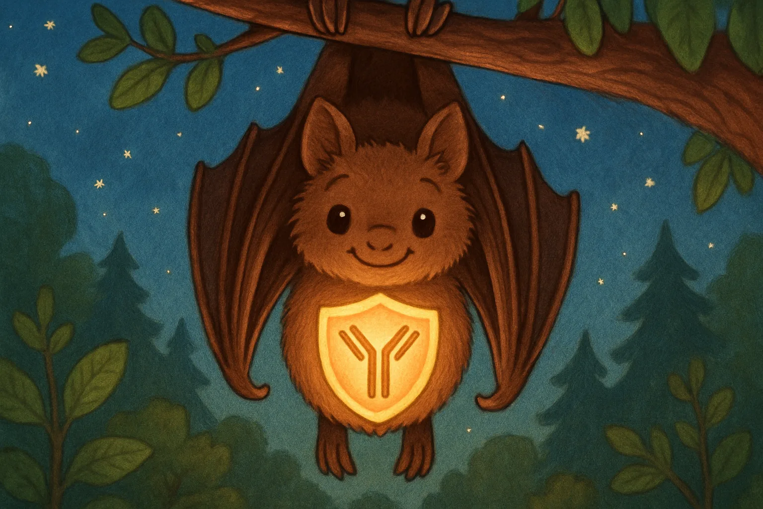 A friendly brown bat with a glowing double-antibody shield on its chest, illustrated in children's book style