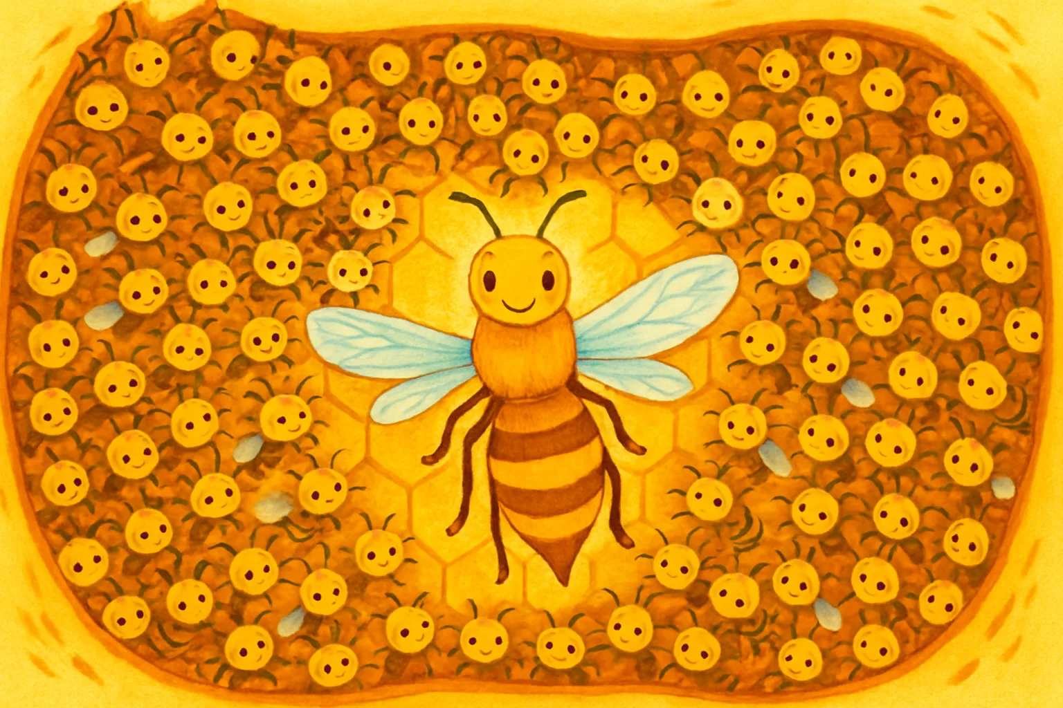 A colorful children's book-style illustration showing a beehive cross-section with the queen at the center and worker bees buzzing like cells in a living body
