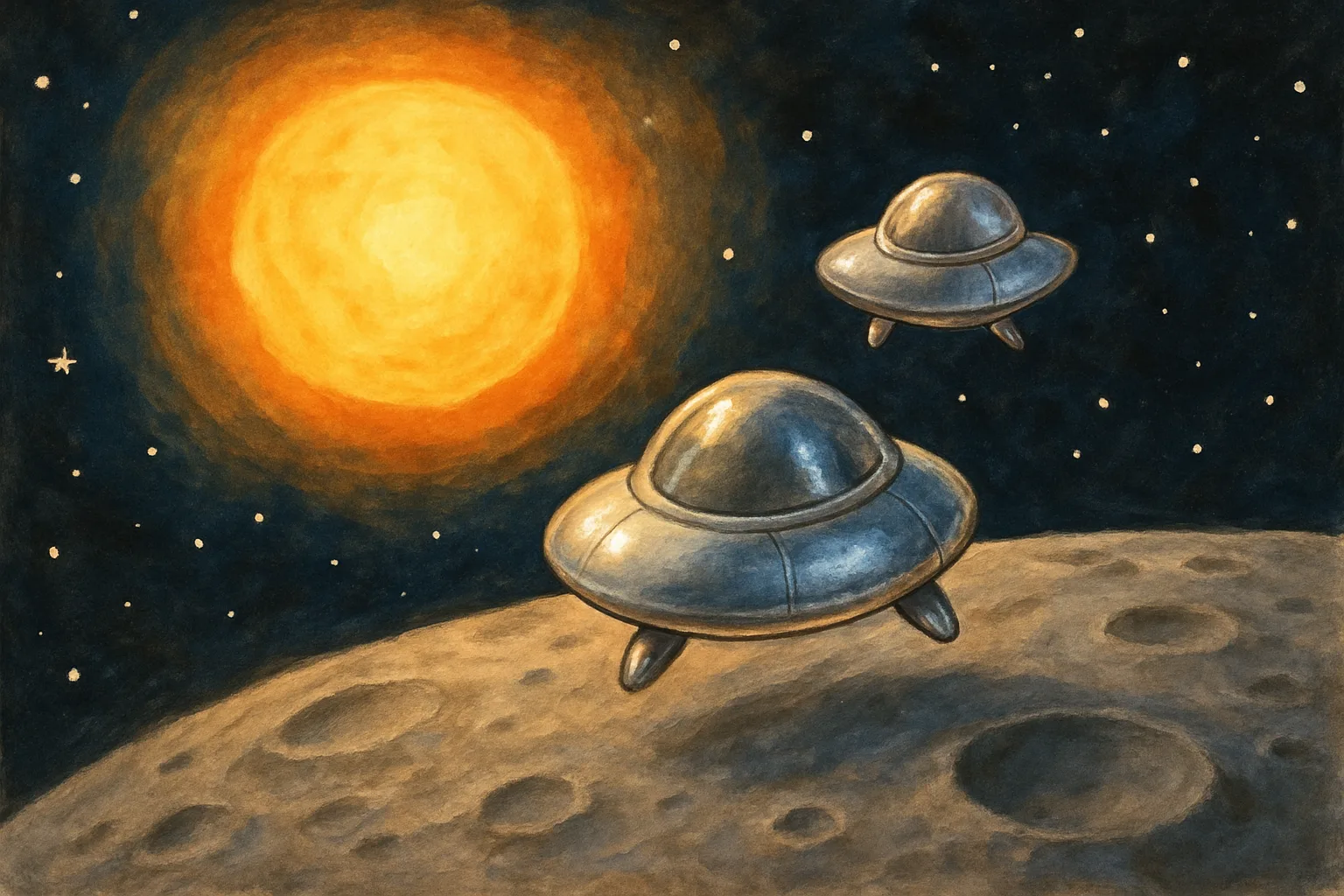 Two cartoon spacecraft approaching the cratered grey surface of Mercury near a bright sun