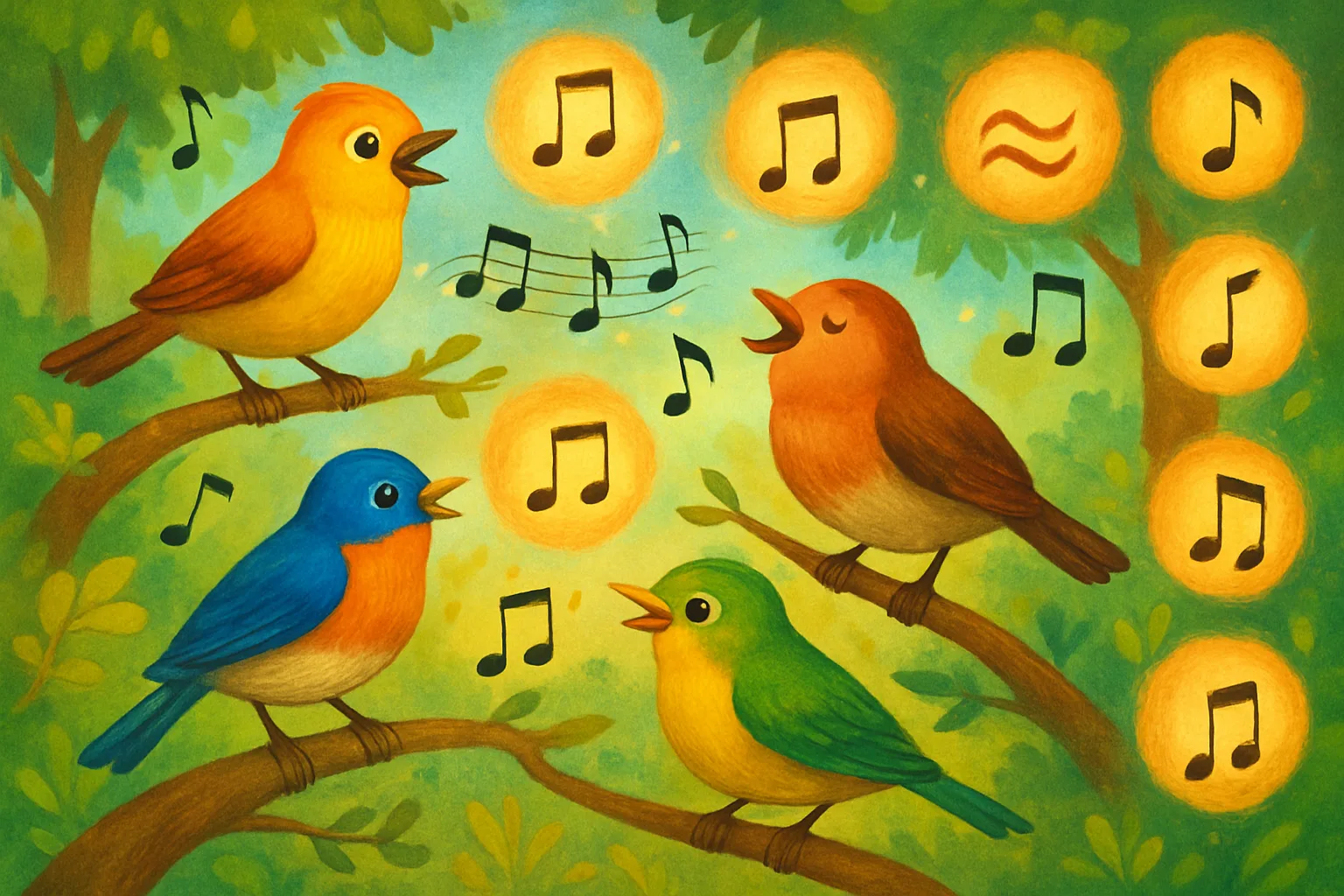 Colorful songbirds singing in a forest with eight different musical sound patterns illustrated around them