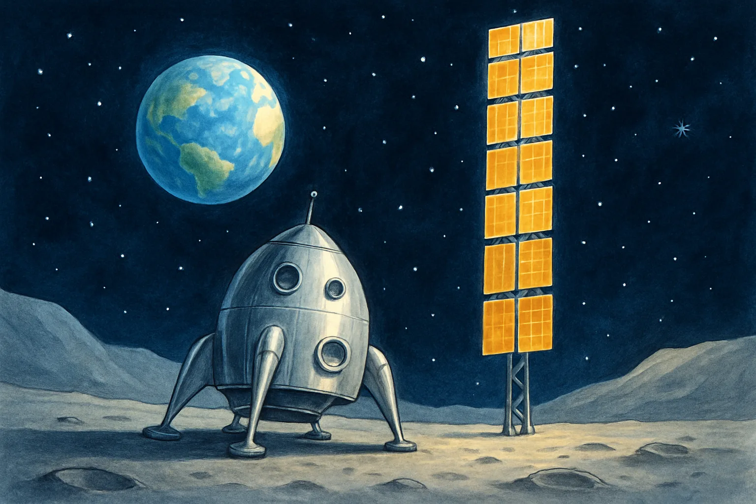 Blue Origin Power Tower on the Moon's surface with solar panels extended and Earth visible in the background