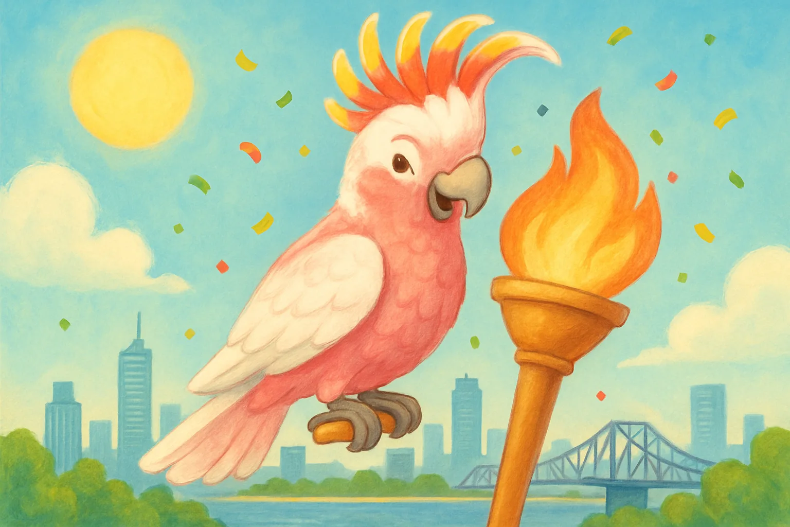 A colorful cartoon pink cockatoo with a raised crest perched on an Olympic torch, with the Brisbane skyline and confetti in the background