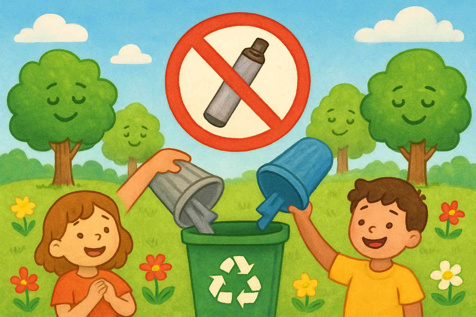 A clean environment with green trees and a large no symbol over a disposable device, children smiling