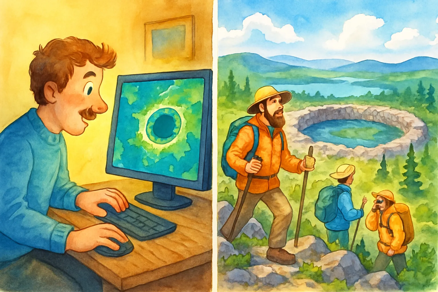 A man discovers a large circular crater on a satellite map on his computer, with scientists exploring the rocky wilderness crater site in Canada