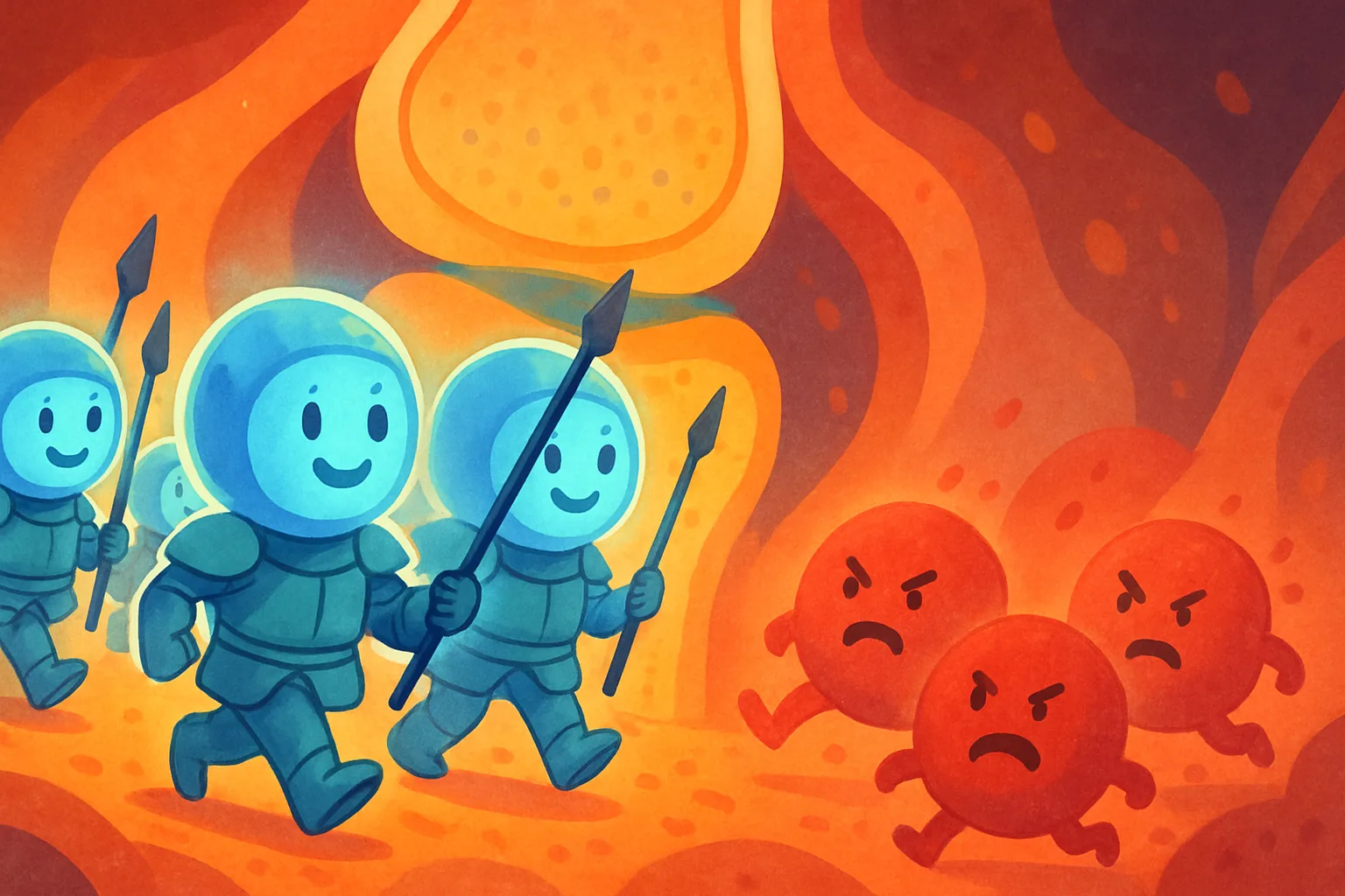 Friendly cartoon immune cells defeating inflammation in a knee joint, illustrated in children's book style