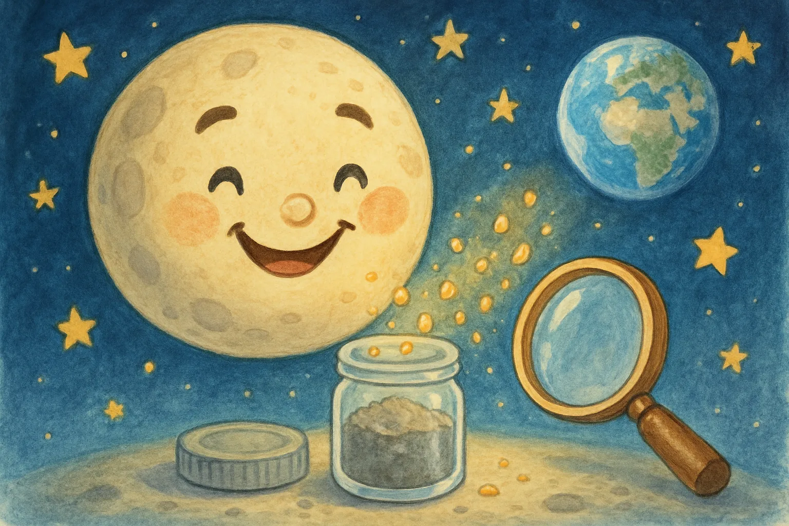 A sample jar of grey moon soil with glowing magnetic mineral crystals floating out, with Earth and stars in the background