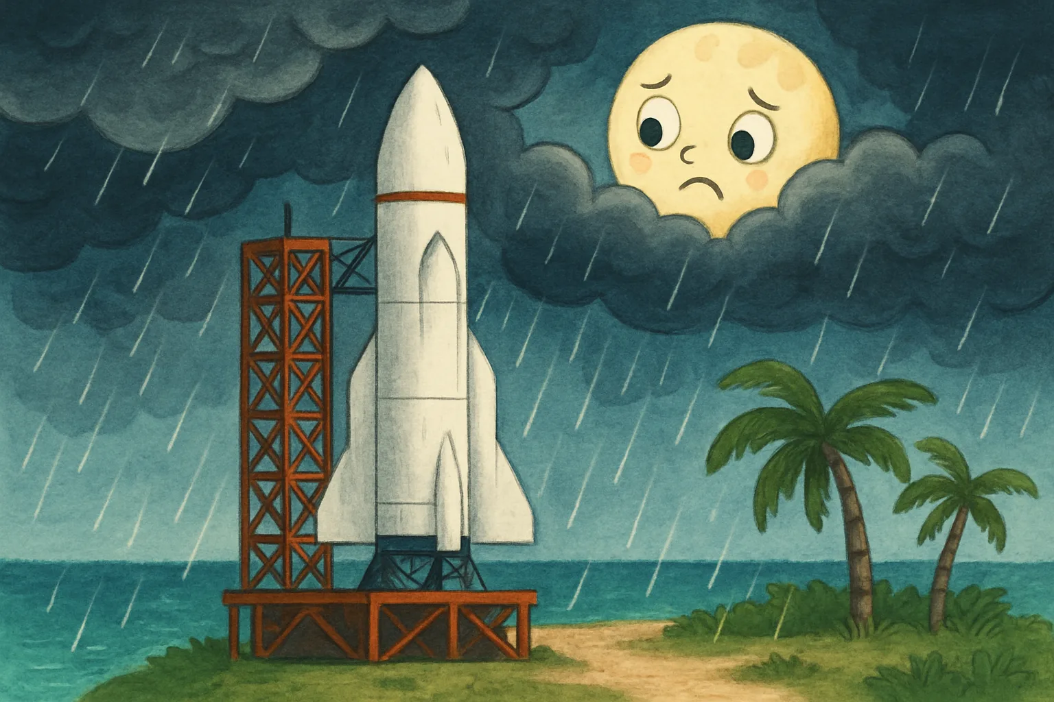 A rocket on a launch pad surrounded by storm clouds, with the Moon visible above