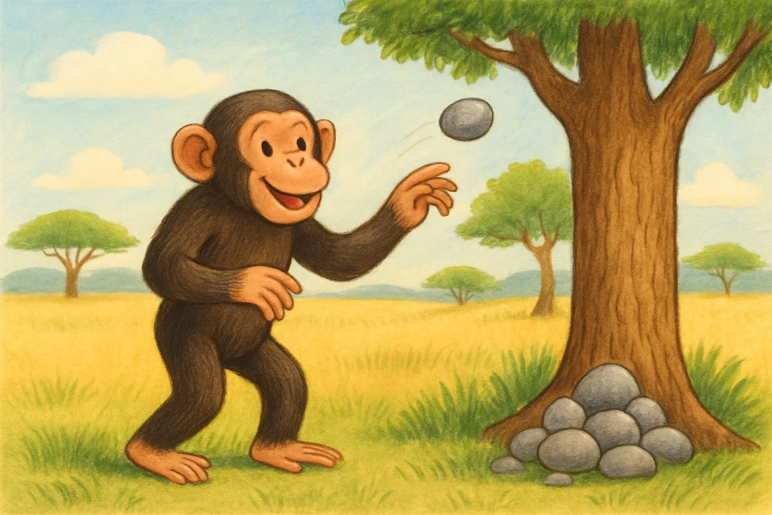 Illustration of a chimpanzee throwing a rock at a scarred old tree in a West African savanna, with a pile of stones at the tree's base