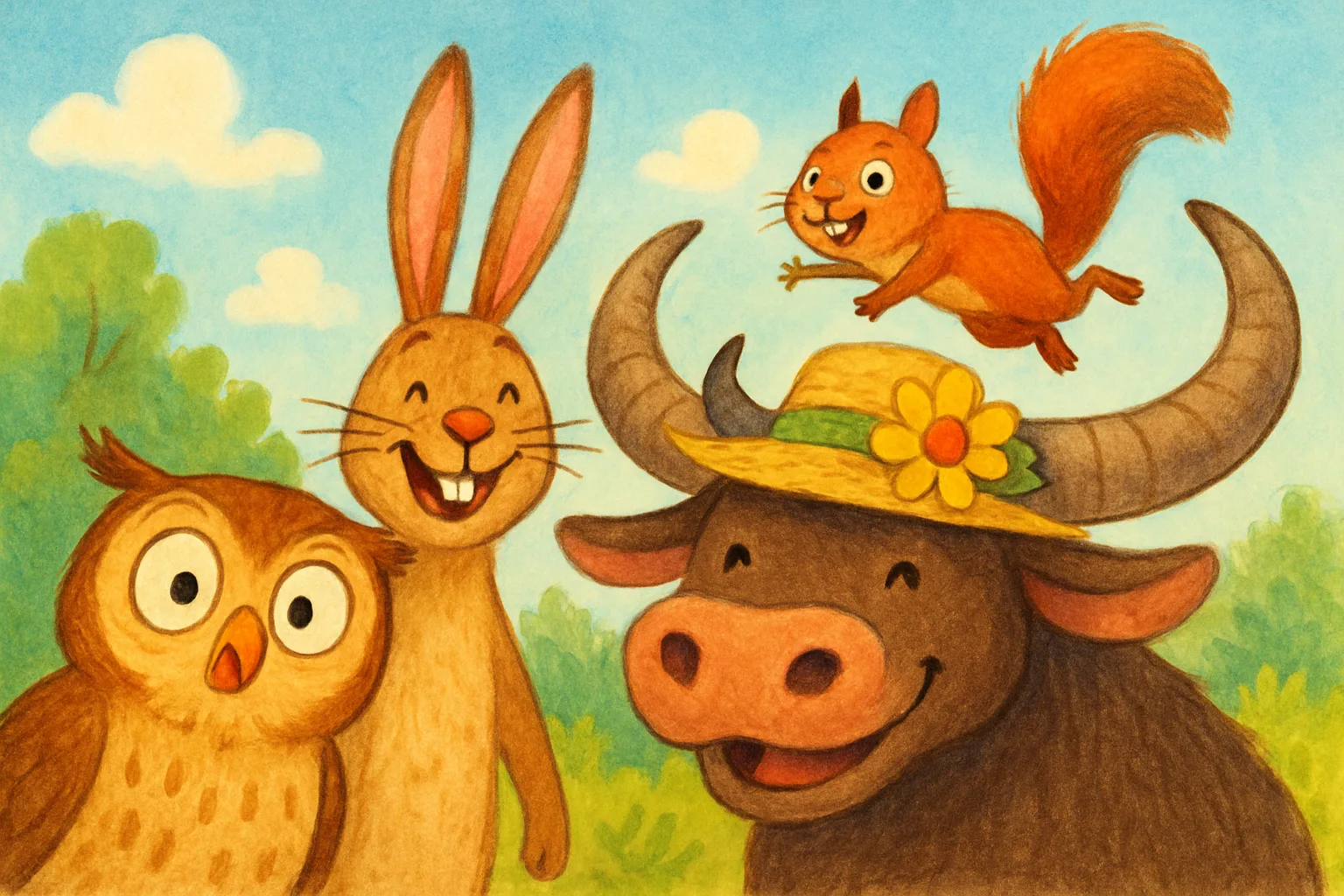 Illustration of funny animals including a surprised owl, grinning hare, and hat-wearing water buffalo posing together like a comedy photo