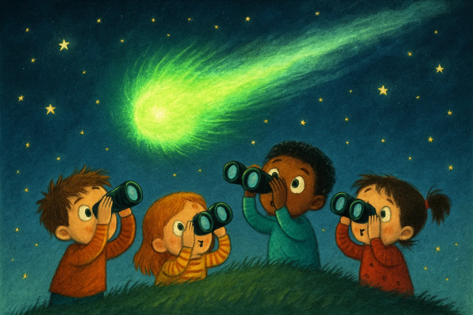 A bright green comet with a glowing tail streaking across a dark, star-filled night sky