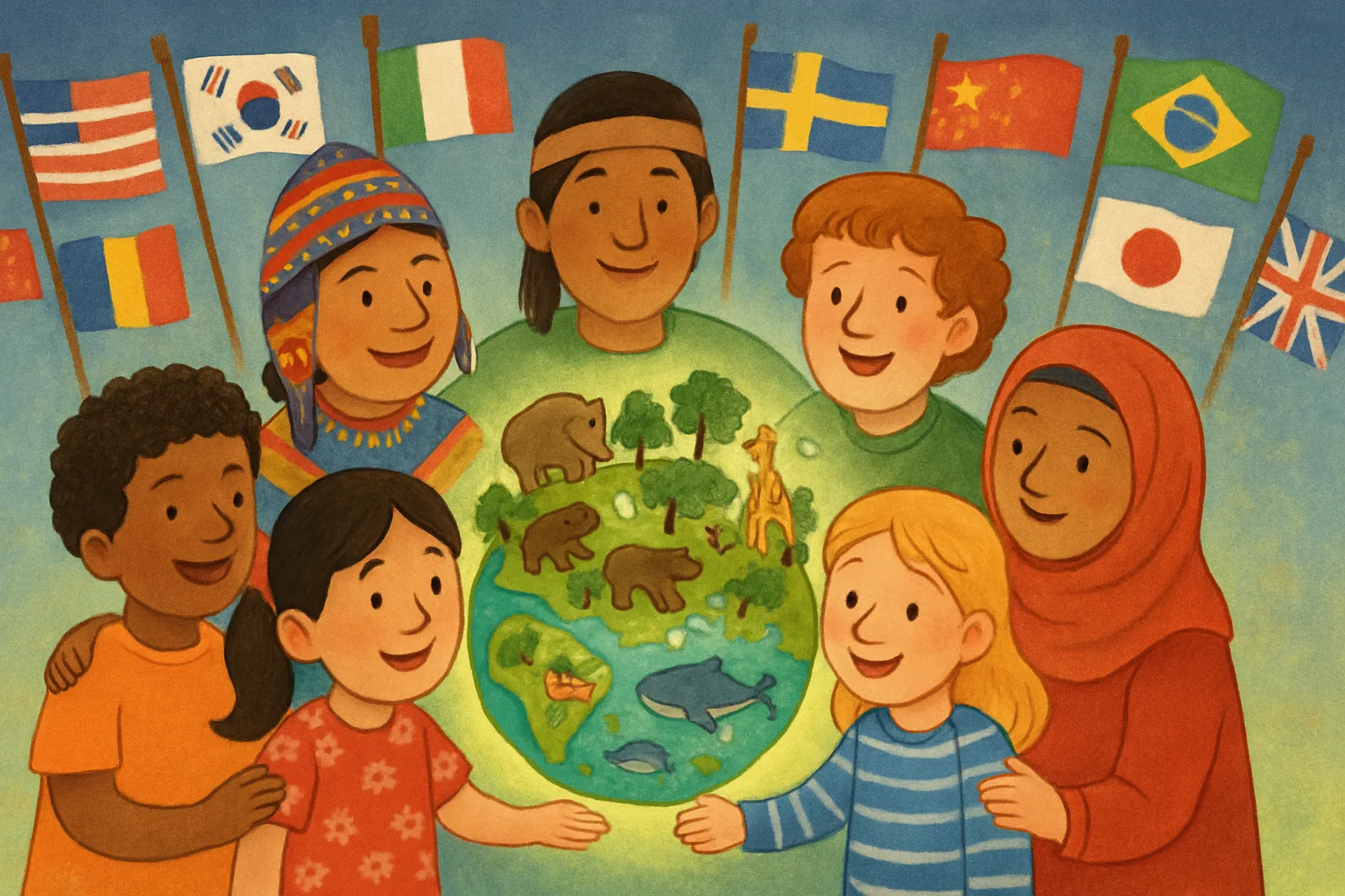 Diverse people from many countries standing together around a globe covered with animals and forests, representing the UN Biodiversity Conference