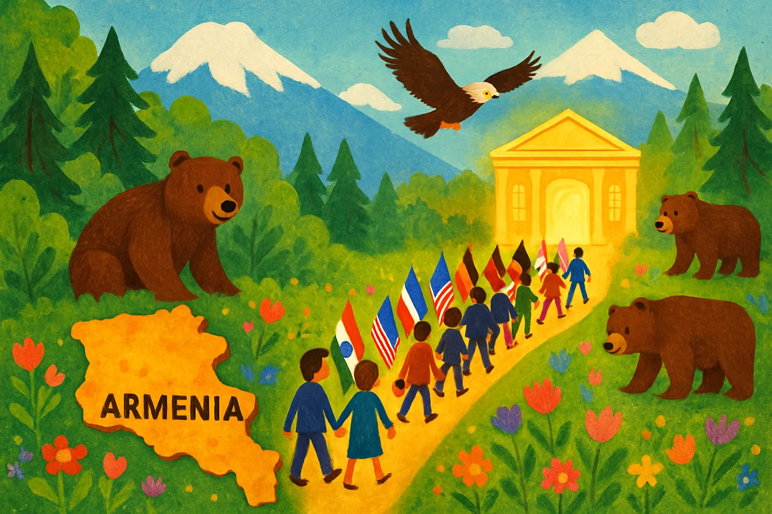 A children's book-style illustration of Armenia's forests and wildlife with people from many nations walking toward a bright meeting hall to protect nature