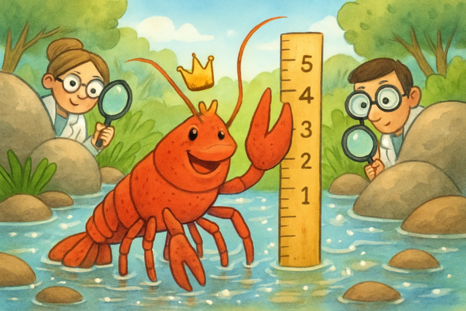 A giant friendly cartoon crayfish wearing a tiny crown in a freshwater stream as scientists peer through magnifying glasses