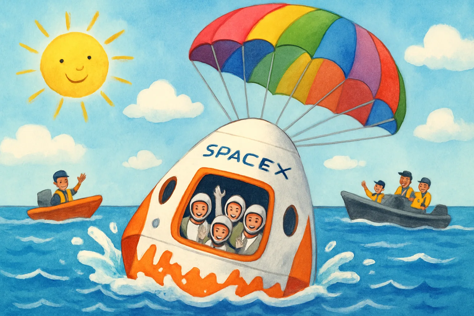 A colorful SpaceX Dragon capsule splashing down in the Pacific Ocean with a parachute above and rescue boats nearby