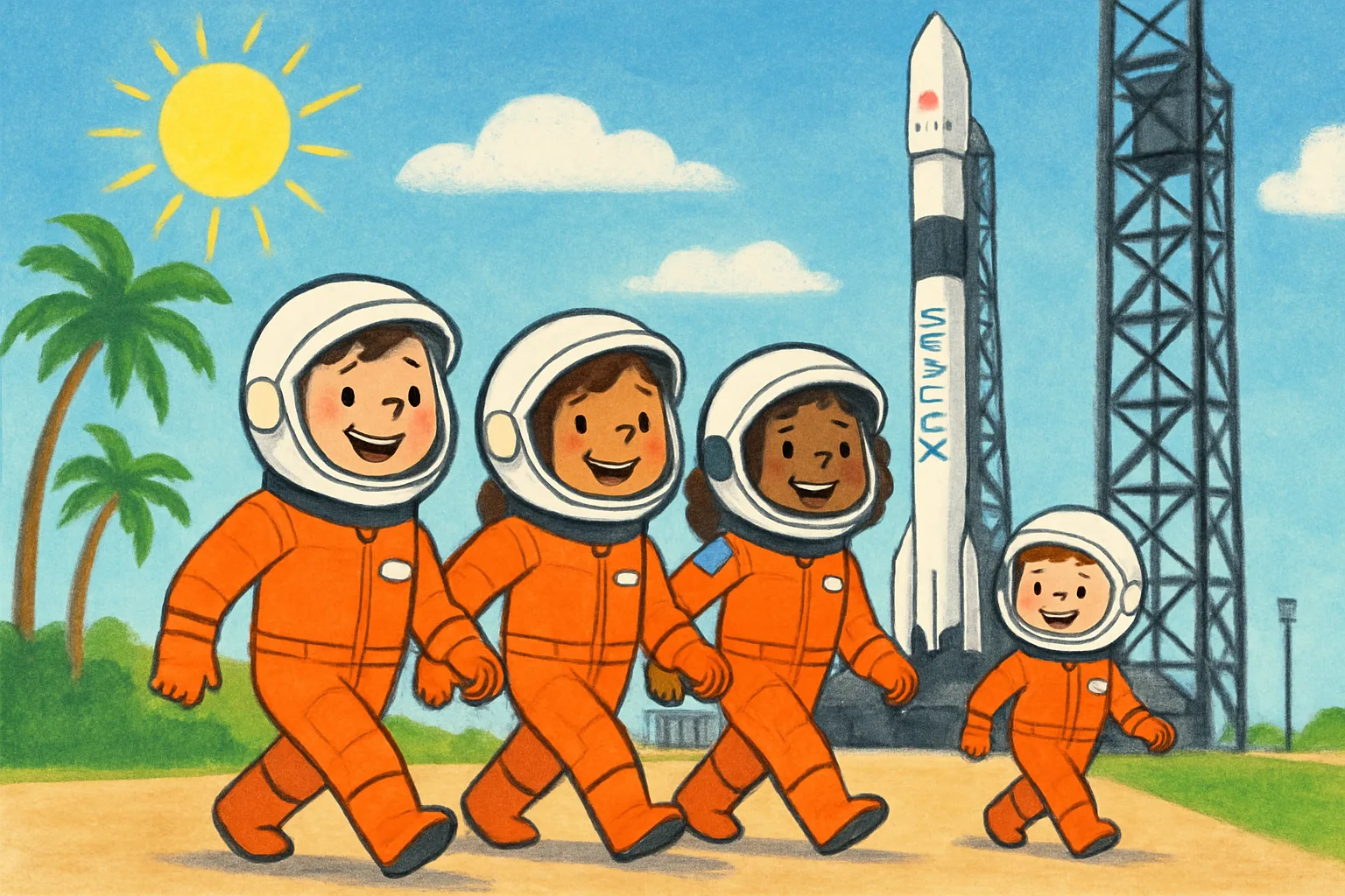 Four astronauts in orange spacesuits walking toward a SpaceX Falcon 9 rocket at Kennedy Space Center