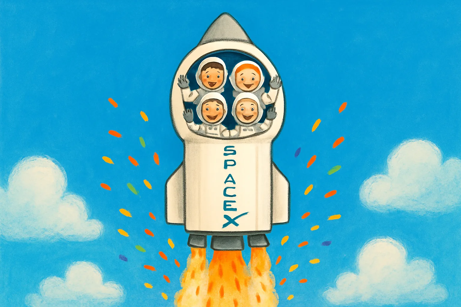 A Falcon 9 rocket launching into a blue sky with four astronauts aboard