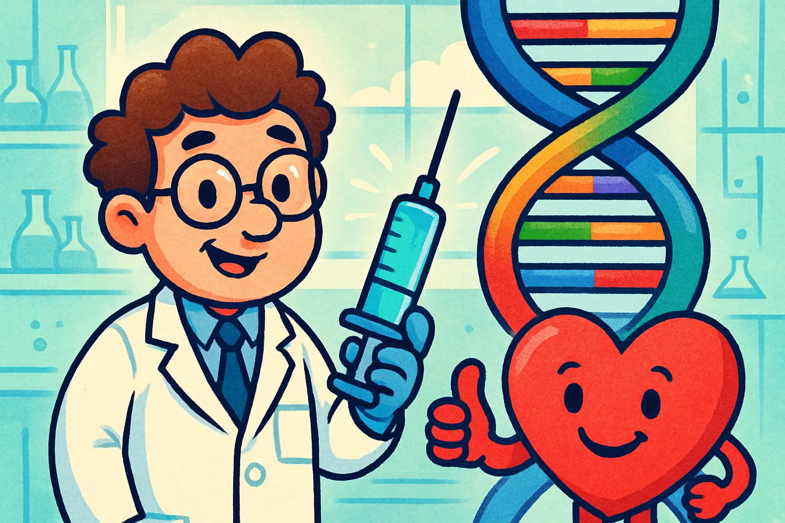 Friendly cartoon scientist with a CRISPR gene-editing tool next to a DNA strand and a happy heart