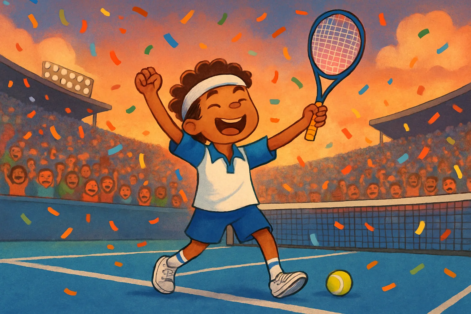 Young tennis player celebrating a big win on a blue hard court at the US Open