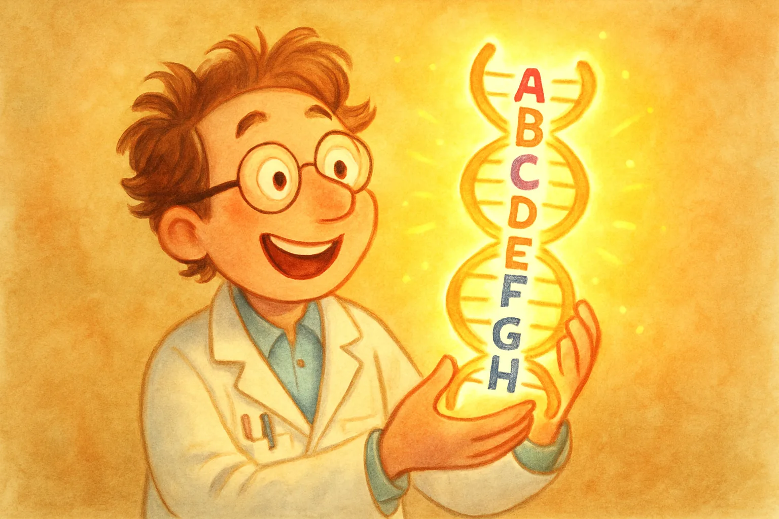 A scientist holds up a glowing DNA strand showing eight colorful letters, looking amazed