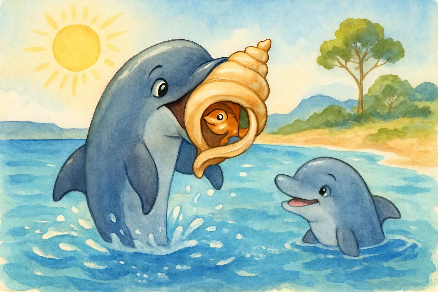 A bottlenose dolphin holding a giant seashell above the water surface while a curious calf watches