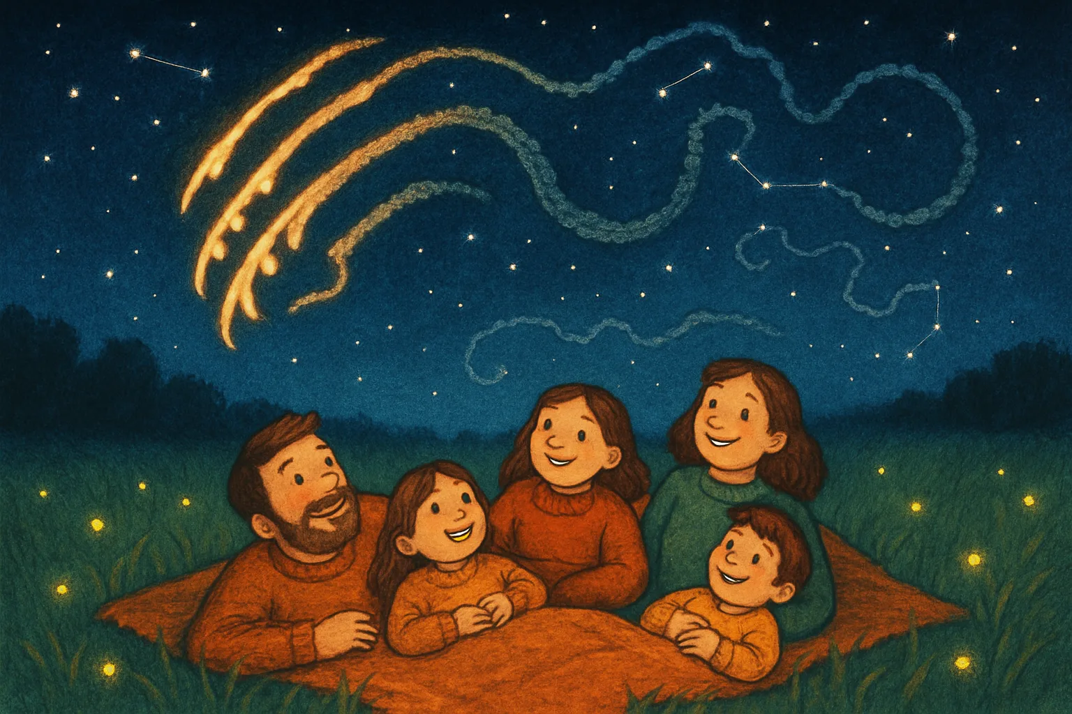 A family lying on a blanket in a field at night watching bright meteors streak across a dark starry sky with the Draco constellation visible