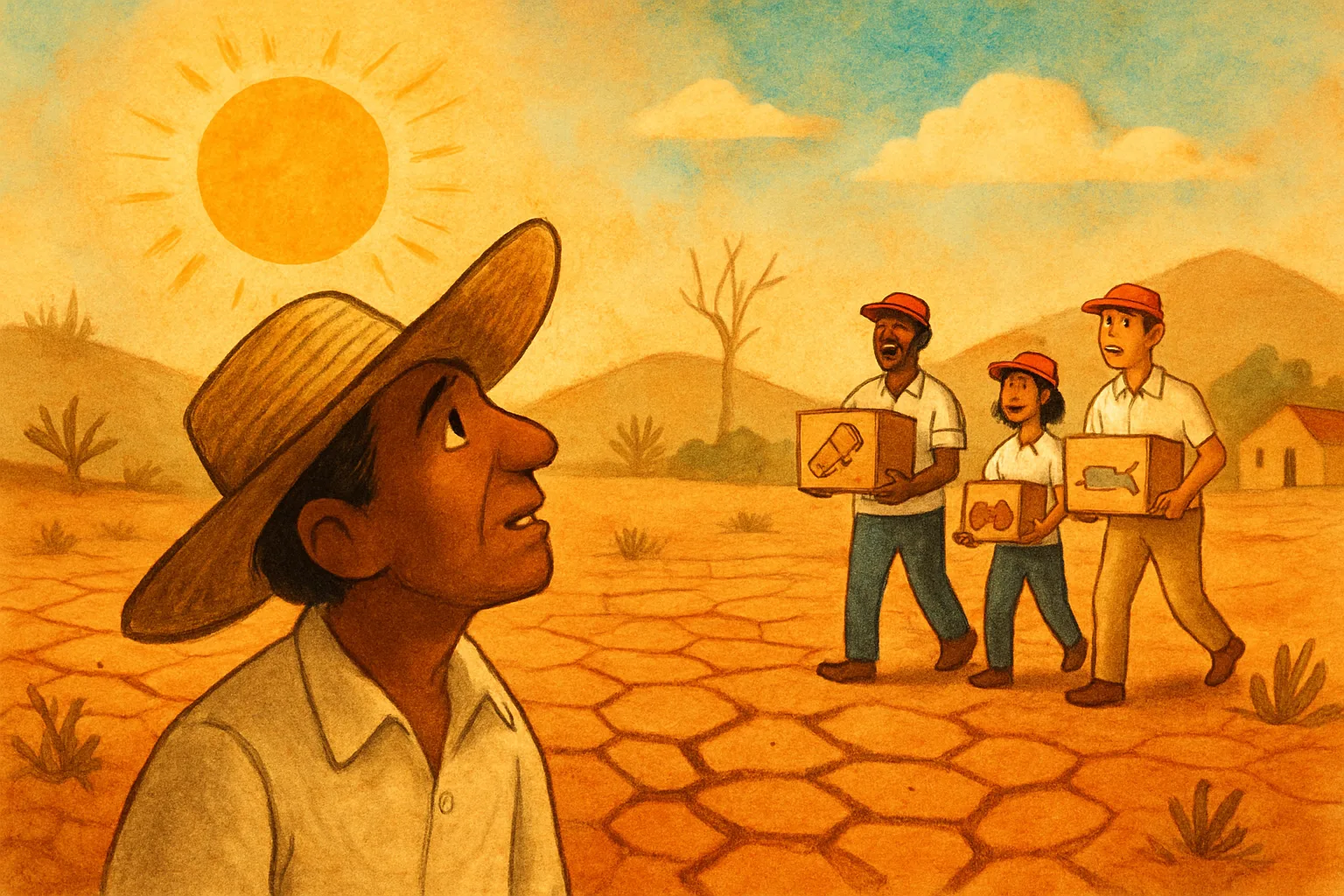 Illustration of a dry cracked field in Central America with a farmer looking at the sky and aid workers bringing food in the background