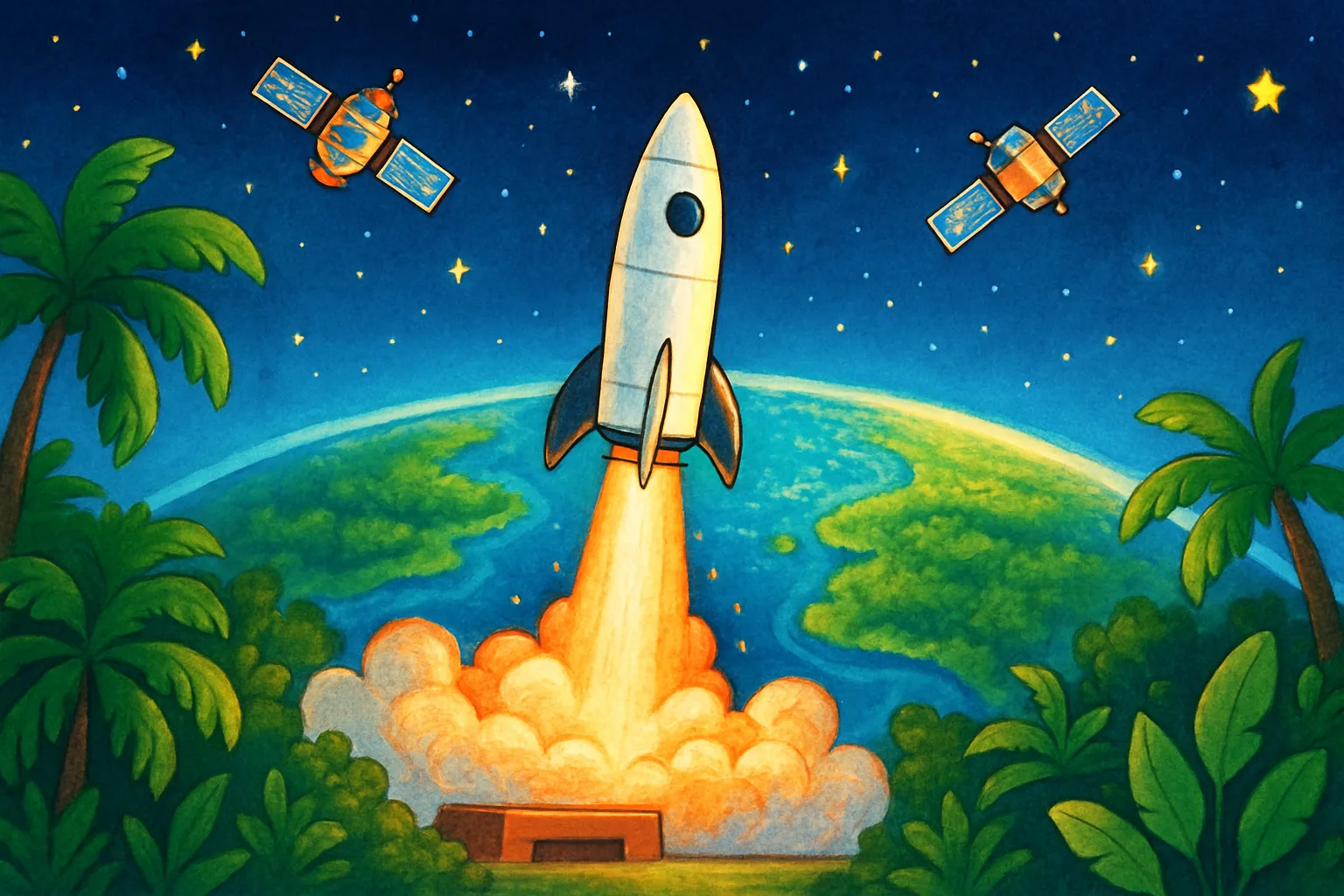 A cartoon rocket launching into space at night with two satellites separating above a glowing green and blue Earth