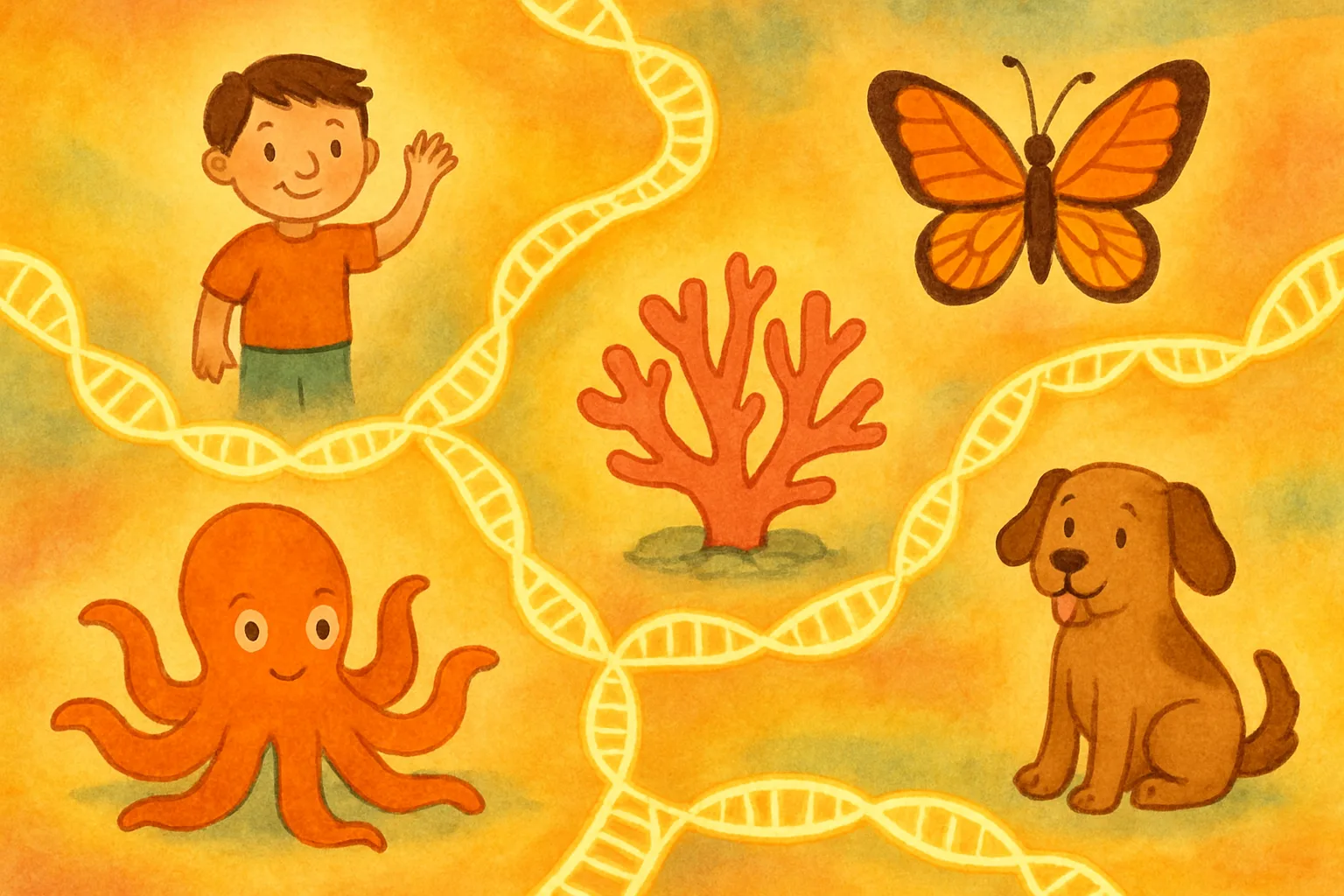 A colorful illustrated road map connecting different animals including humans, octopuses, and butterflies with glowing DNA pathways