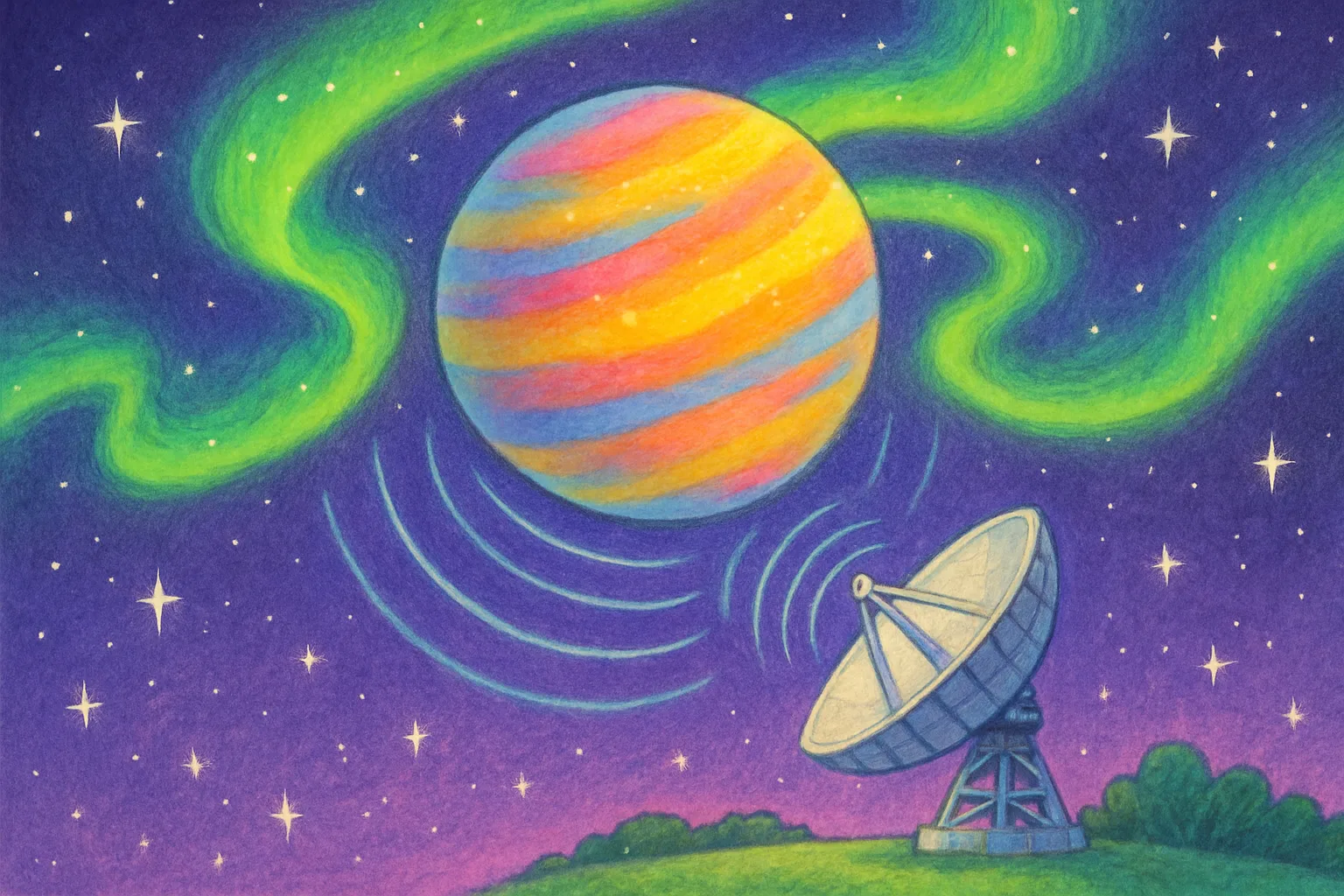 A giant exoplanet glowing with aurora lights sending radio waves toward a telescope on Earth