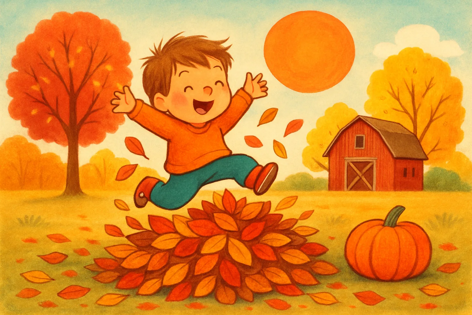 A child jumping into autumn leaves as the sun sets on the first day of fall