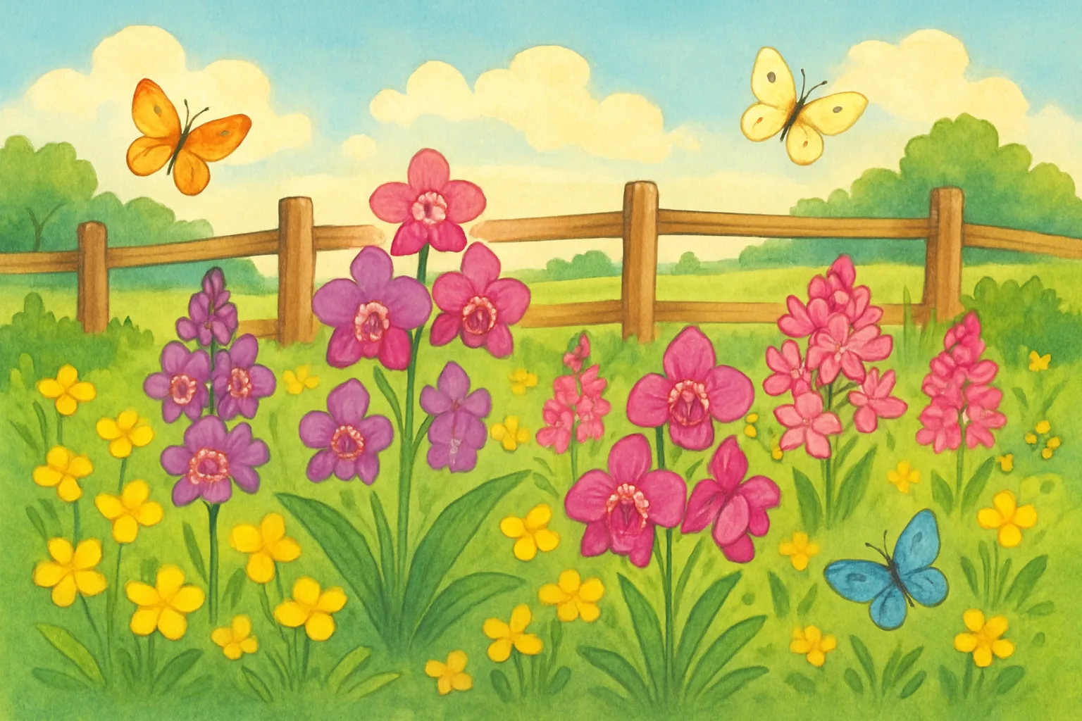 A cheerful illustration of a meadow full of purple orchids and colorful wildflowers buzzing with butterflies and bees