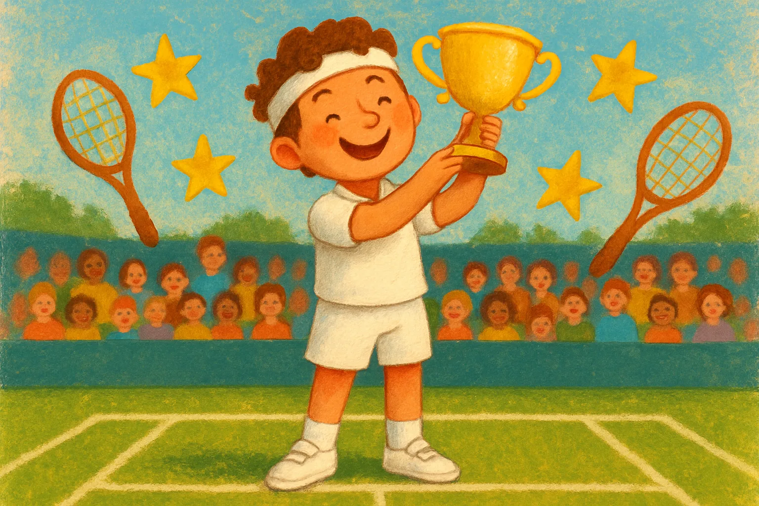 Illustrated tennis legend in white holding a golden trophy on a grass court surrounded by golden stars