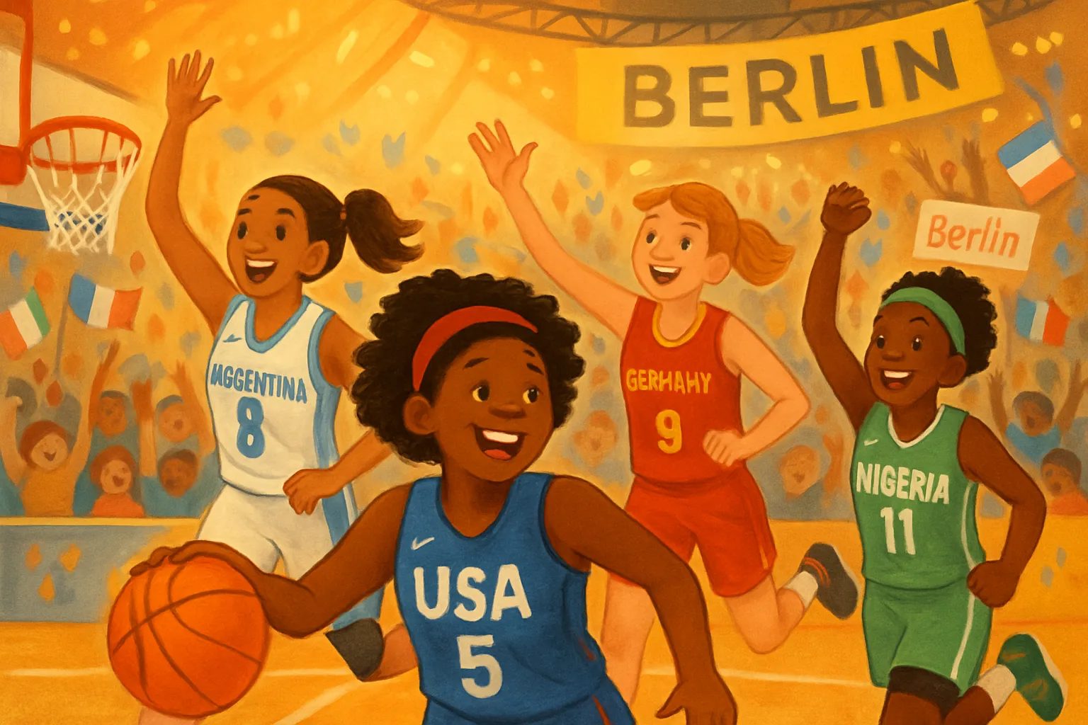Women basketball players from different countries competing in a bright arena in Berlin, Germany