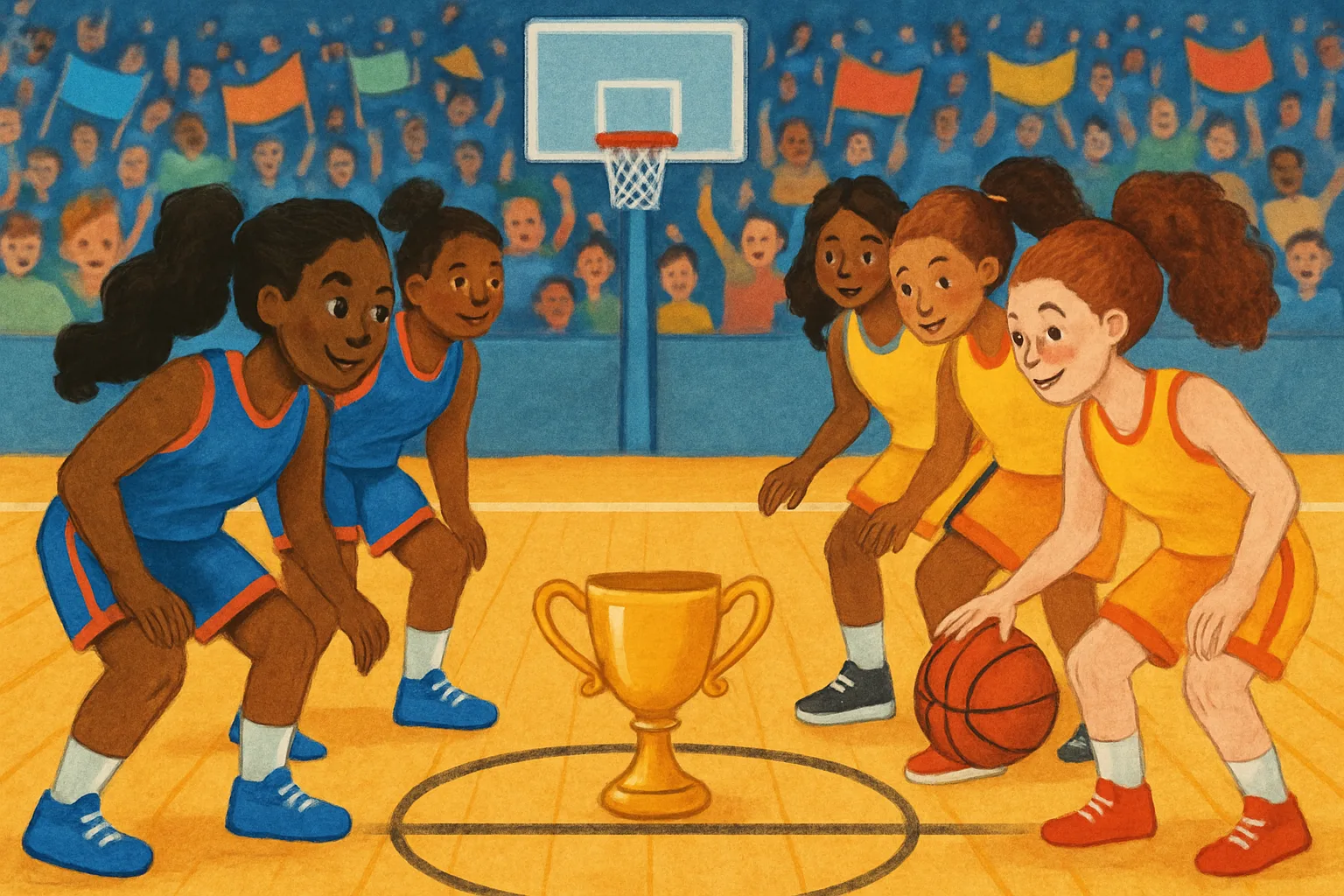 Two women's basketball teams face off on a colorful indoor court with a trophy visible and crowds cheering
